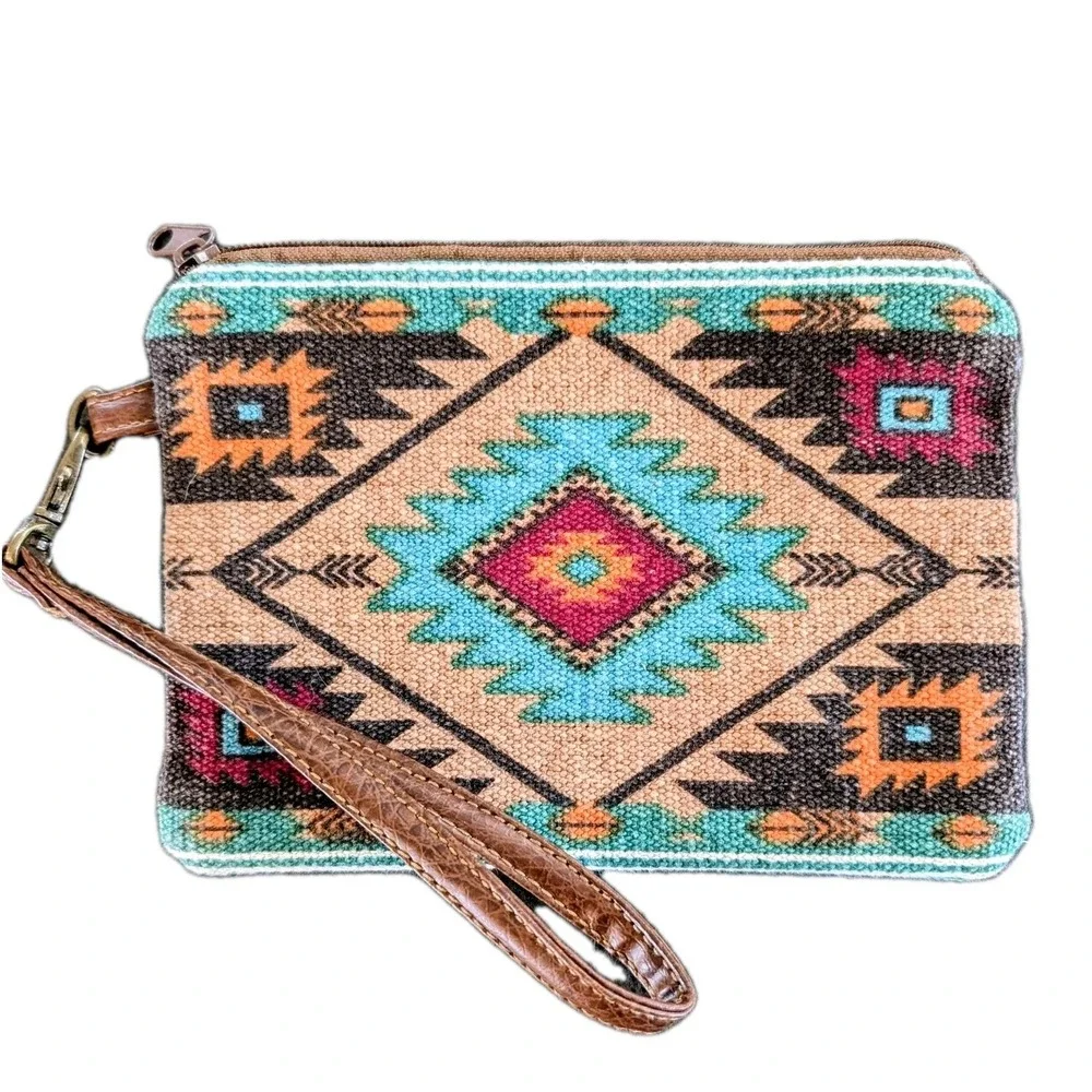 Pine Creek Wristlet Womens Small Teal Bag Aztec Western Print Makeup Travel NWOT - Picture 1 of 10